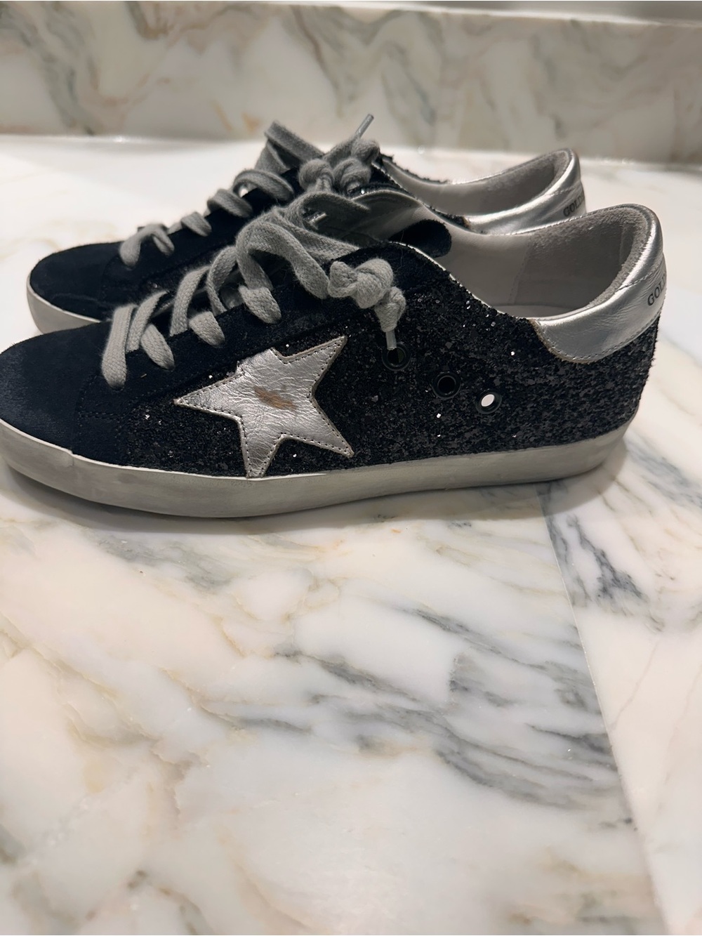 Golden Goose Black Glitter Star Low-Top Sneakers with Silver Accents